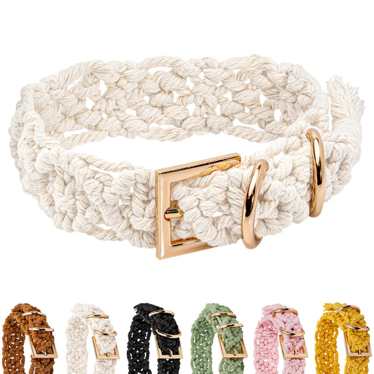 Handmade Macramé Dog Collar, Soft & Padded with Metal Buckle, Adjustable White Collar for Small & Medium Dogs, Lightweight, Eco-Friendly & Durable Design, M
