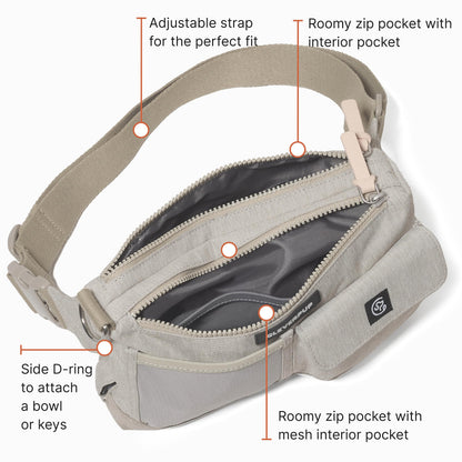 Cleverpup, Dog Walk & Train Sling Bag - Hands-Free 2-In-1 Treat Pouch, Poop Bag Holder, Clicker, Phone Pocket - Crossbody/Fanny Pack, Adjustable Strap - Sand