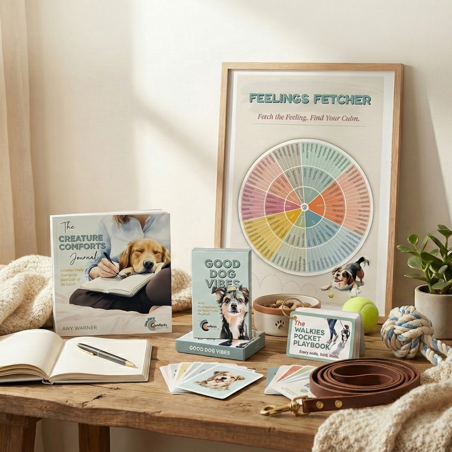 Room interior with books, journals, affirmation cards，and dog-care items on a wooden table.