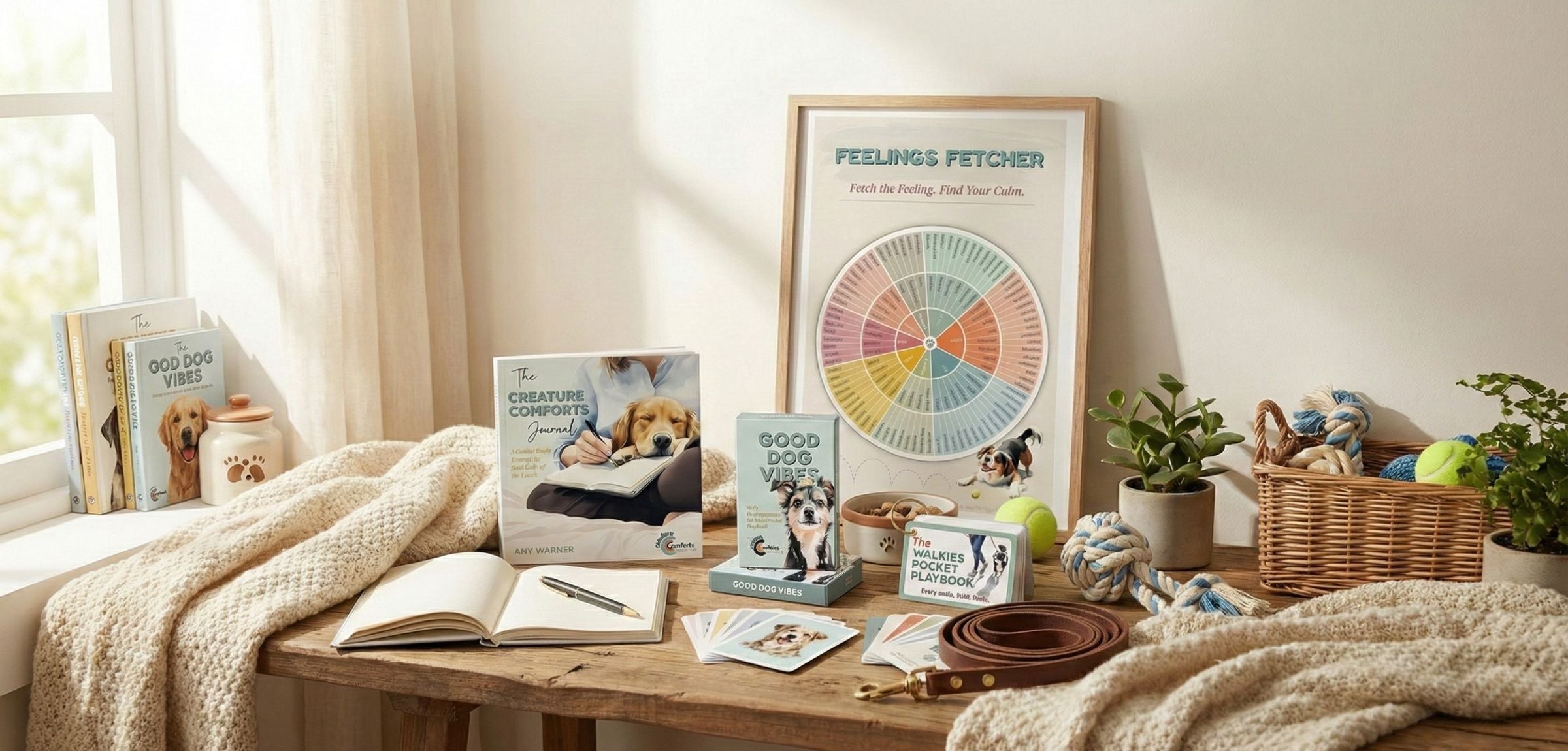 Room interior with books, journals, affirmation cards，and dog-care items on a wooden table.